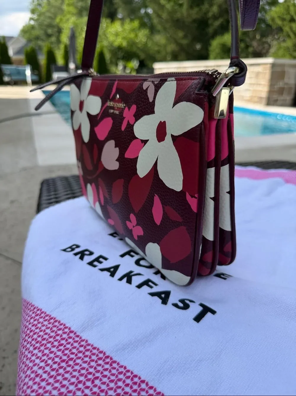 Kate Spade Floral Crossbody Purse Pink Burgundy Leather Like New